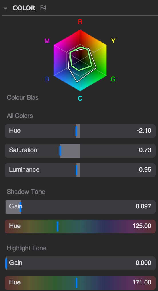 The Color panel: the hue radar, the saturation and luminance faders and the split tones