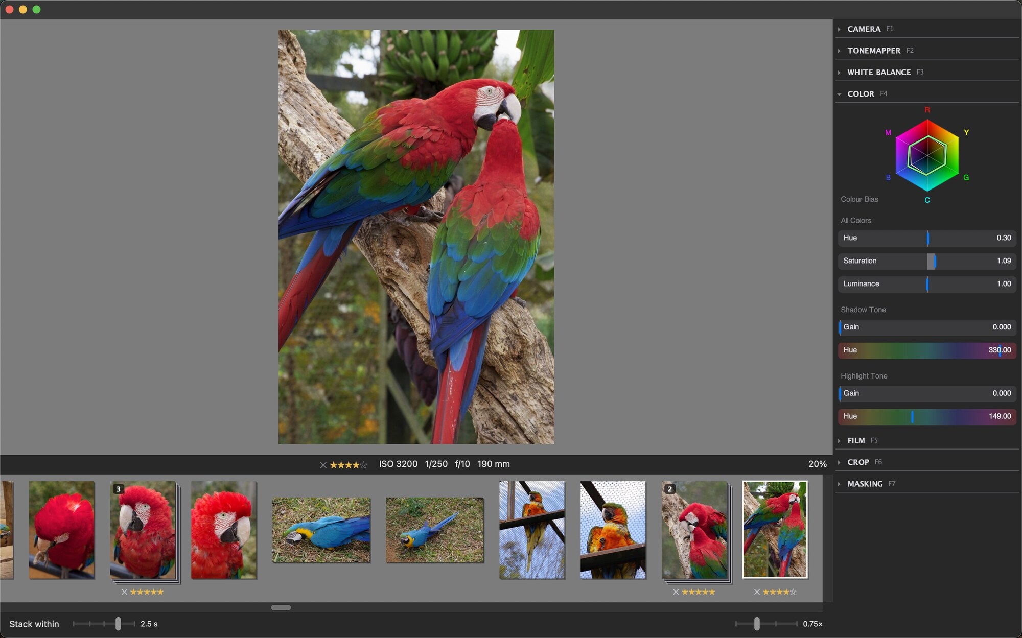 Revelar's window: two macaws edited with the saved settings, the Color panel open in the sidebar and a folder of raws below the photo.